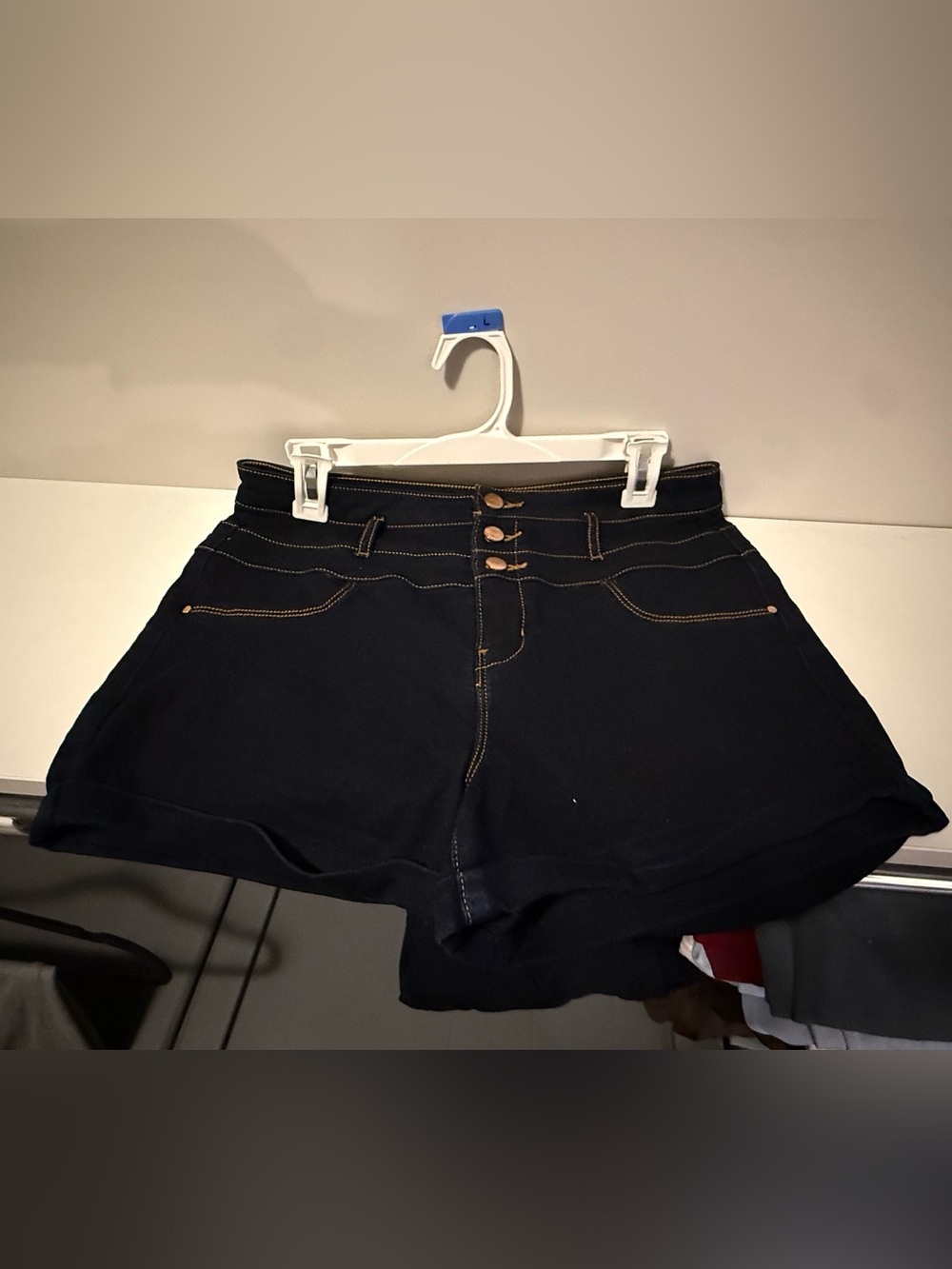 refuge High-Waist Black Denim Shorts with Triple Button